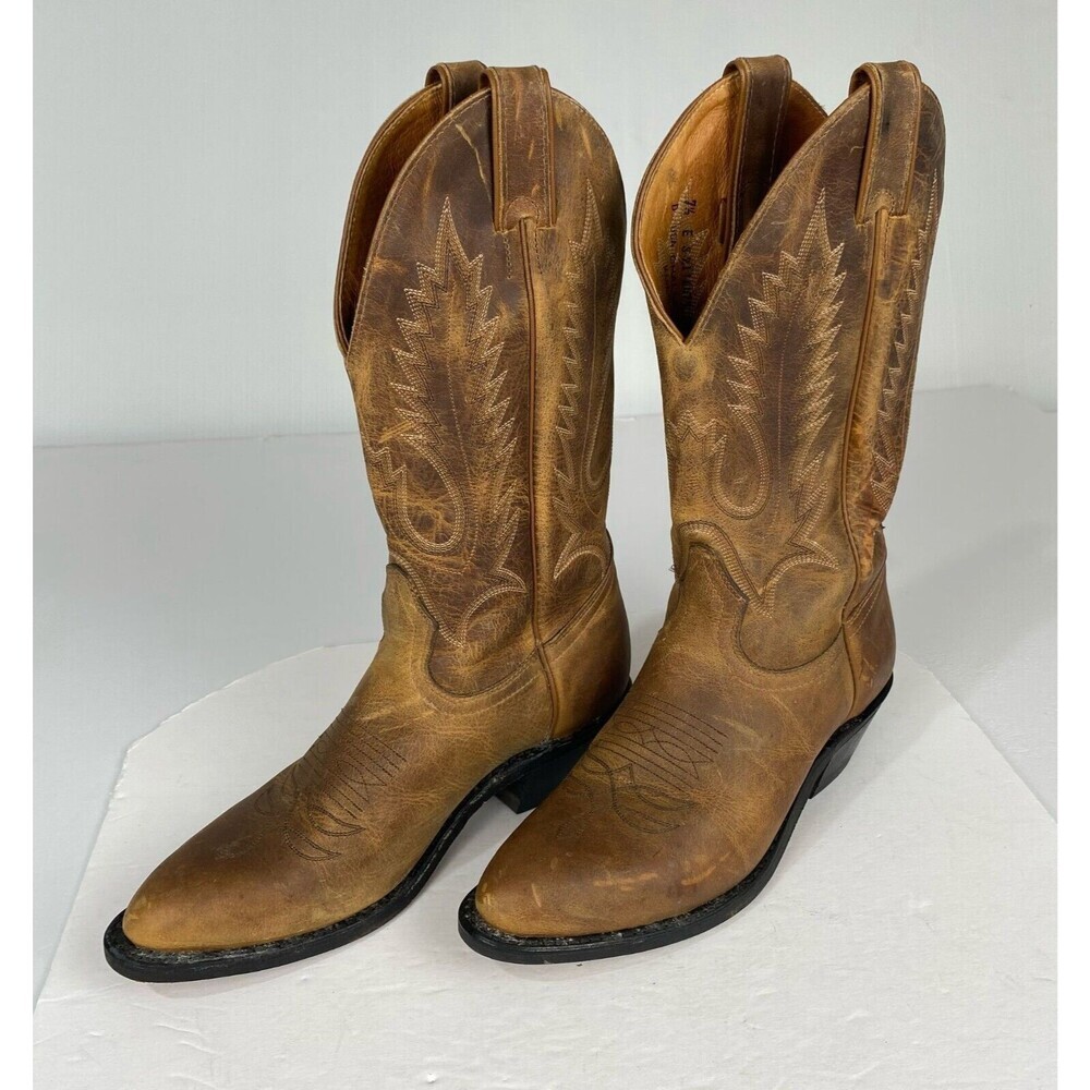 CHALLENGER Boulet size 7.5 Men's Brown Leather Embroidered Western Cowboy Boots